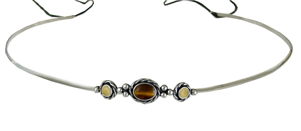 Sterling Silver Renaissance Style Exquisite Headpiece Circlet Tiara With Tiger Eye And Yellow Jade